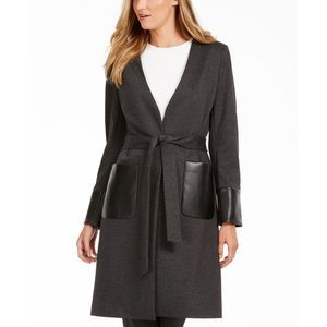 Calvin Klein Women's Faux-Leather-Trim Belted Cardigan Dark Gray Size 4